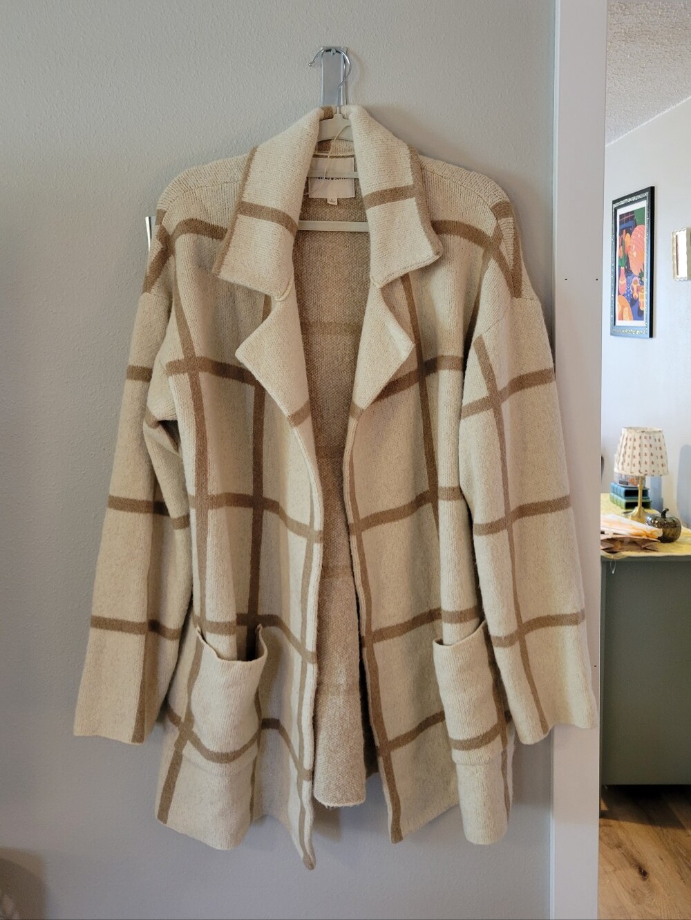 Thread & Supply Cream and Tan Open Front Plaid Cardigan Sweater - LARGE